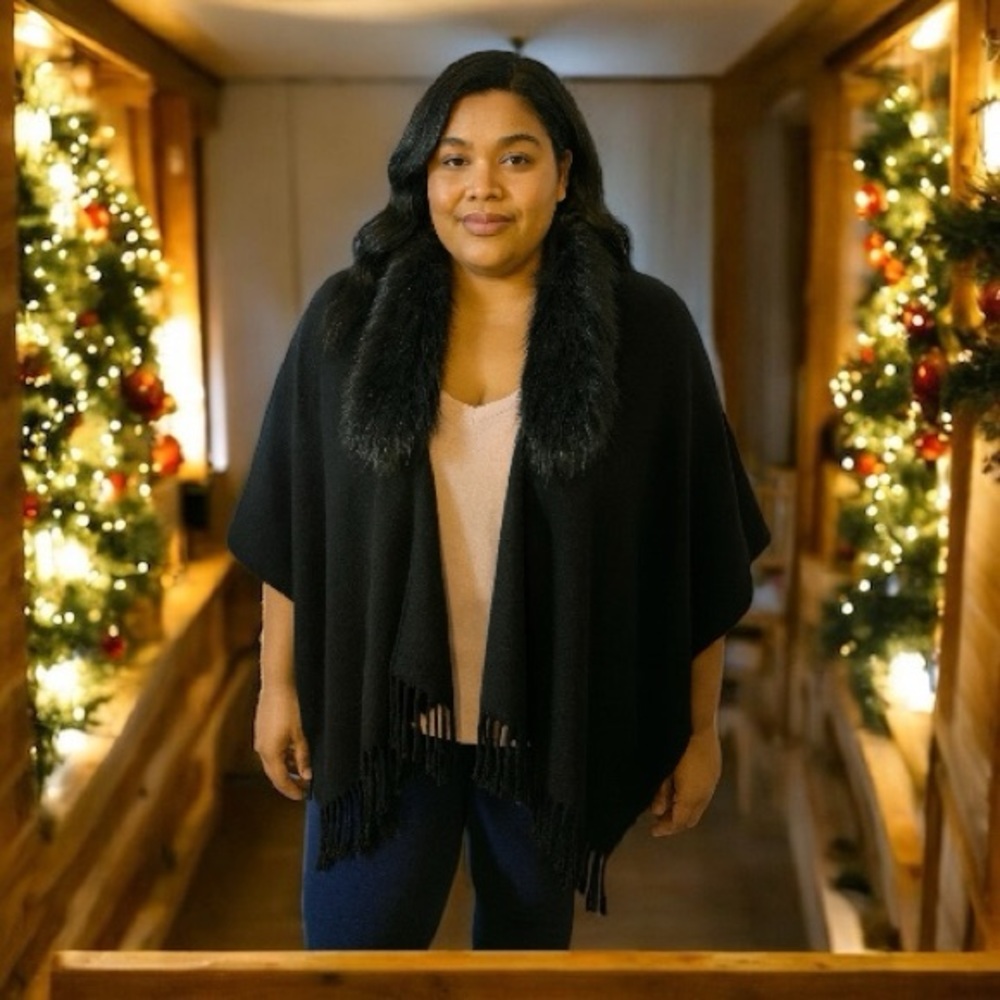 Michael Kors Black Shawl with Faux Fur Collar